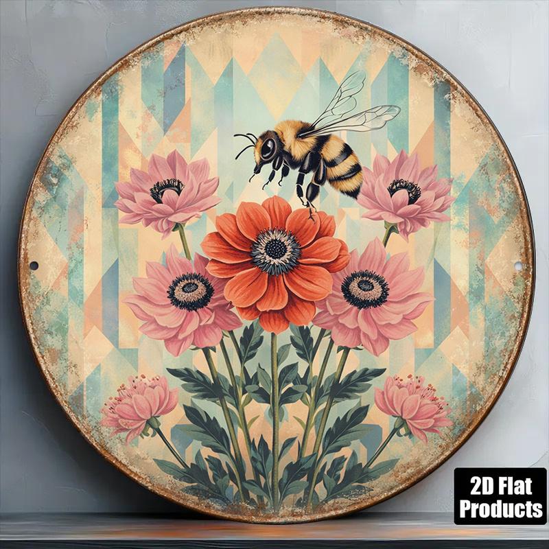 D Flat pc InXCm D Flat Round Sign Vintage Plaque about Bees And Flowers Natural Pastoral Style Decorative Sign S