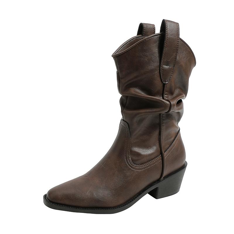 Matching Skirt Barn Cutters Knight Boots Maillard Skinny Thick Heel Pointed Boots Vintage Sleeve Pile Boots