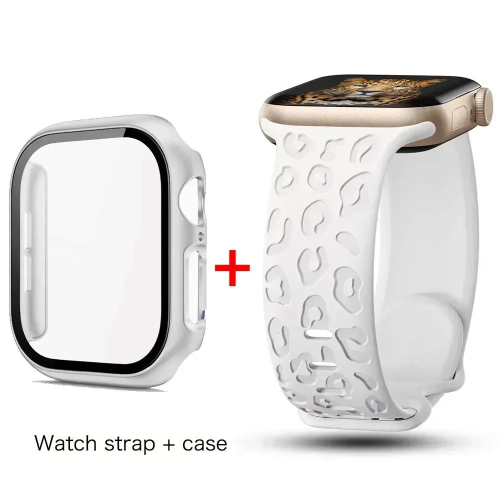 Glass+Case+Strap for Apple Watch Band 45mm 44mm 41mm 40mm Engraved Leopard belt for Apple IWatch Series 10 8 7 6 SE 5 46mm 42mm