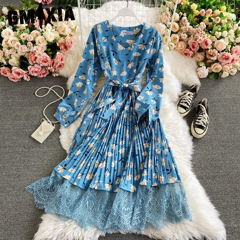 GMXIA 10 Color Retro Floral V-Neck Halter Waist Lace Dress Colored Fashion Long Dresses
