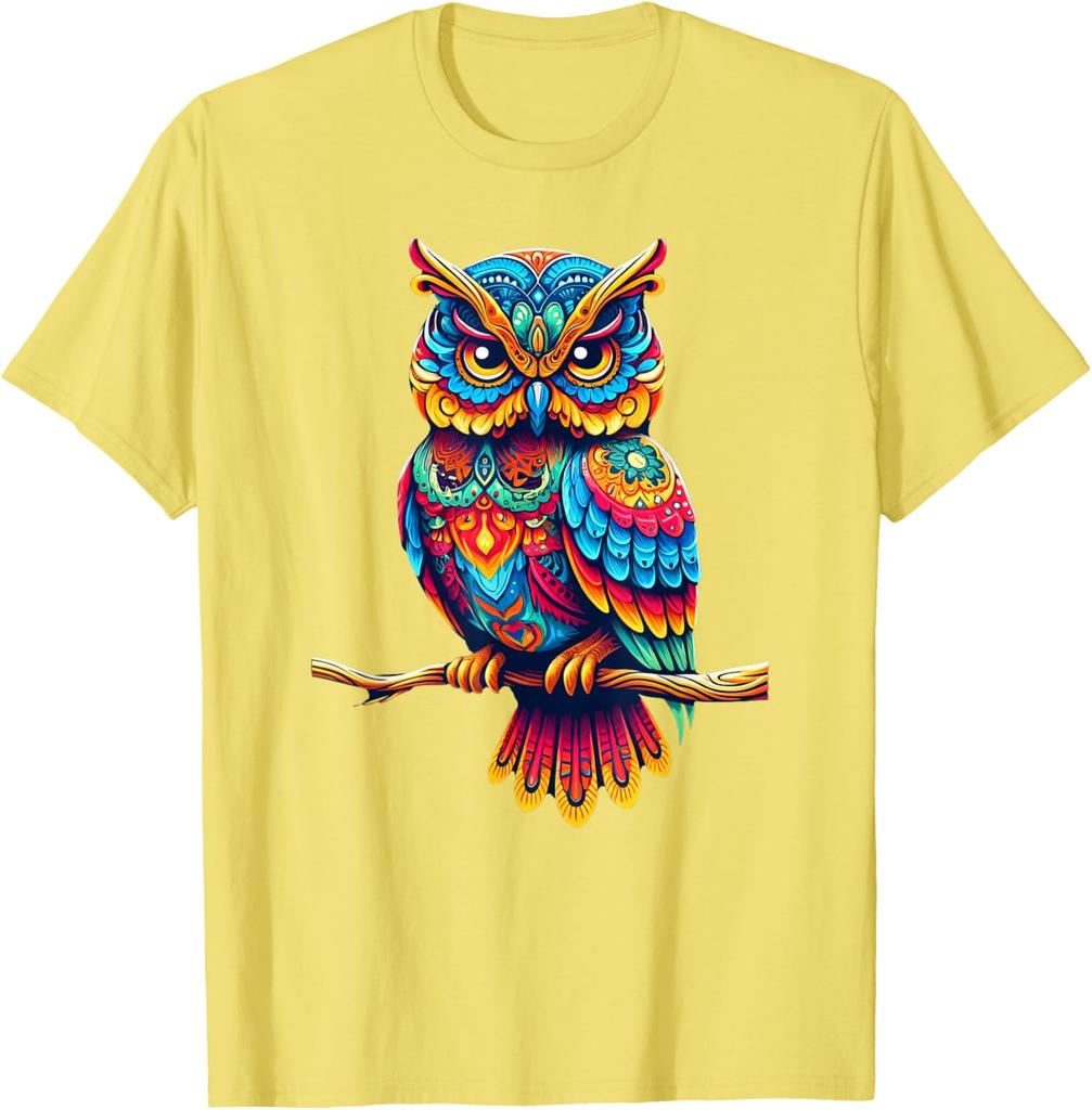 Colorful Psychedelic Owl Perched on Branch Graphic T-Shirt Casual Cotton Tee for Men