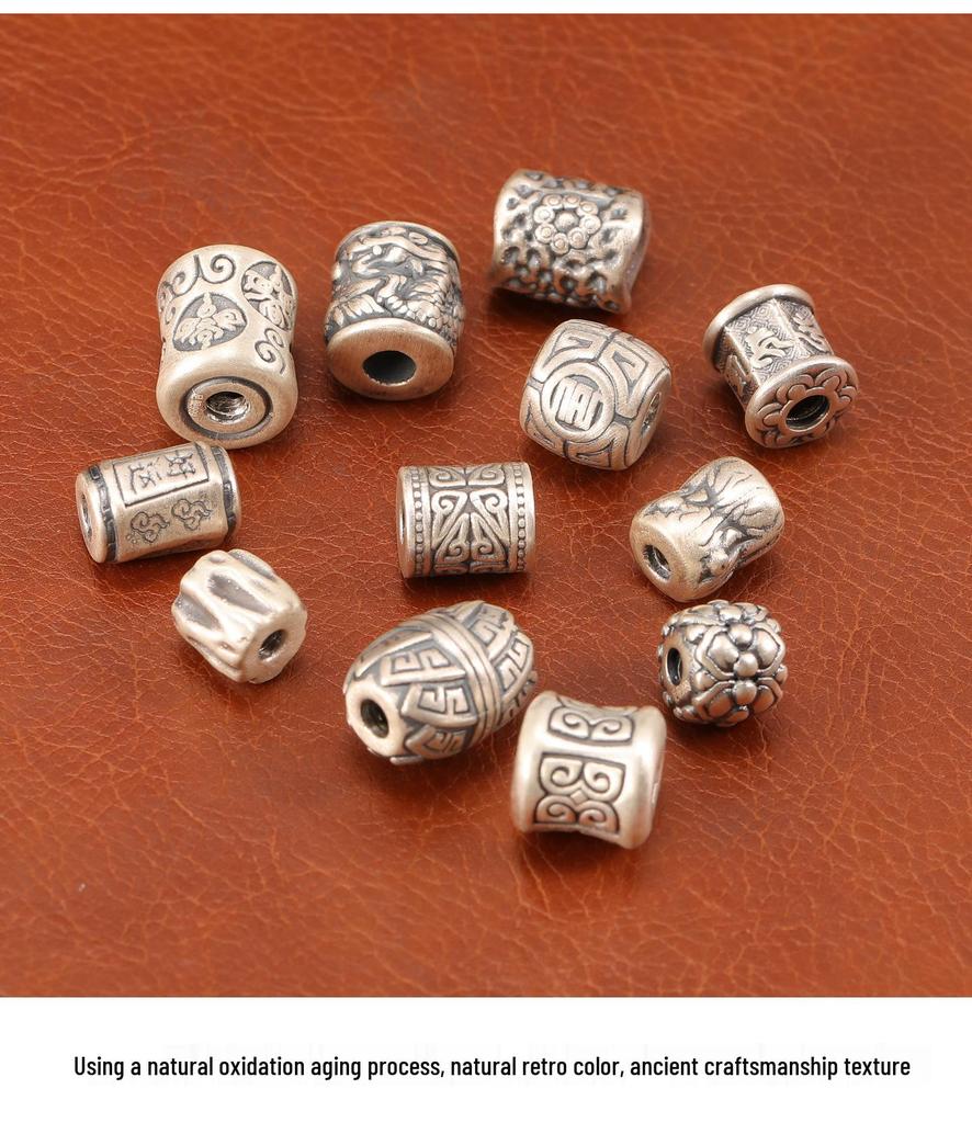 Sterling Silver S999 Ethnic Spacer Beads: Retro Barrel & Ruyi Lock Lucky Beads for DIY Jewelry.