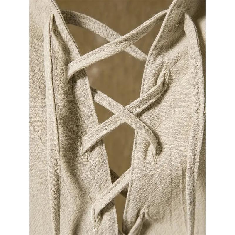Men's Retro Shirt Short Sleeve Linen Lightweight Breathable Solid Color Fashion Pirate V Neck Stylish Shirs