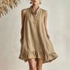 Women Sleeveless Linen Cotton Dress Loose Fit Casual Summer Dress Button Front Ruffle Hem Lightweight Breathable Tunic Dress
