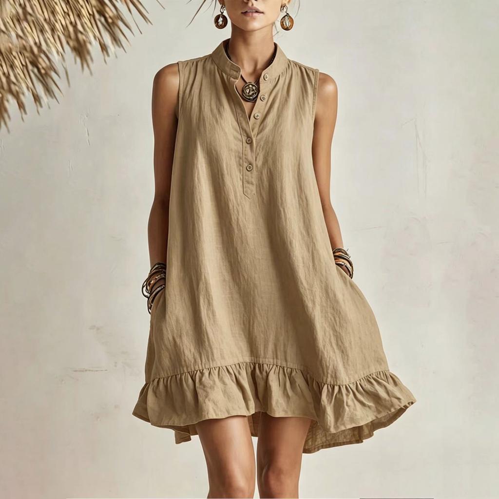Women Sleeveless Linen Cotton Dress Loose Fit Casual Summer Dress Button Front Ruffle Hem Lightweight Breathable Tunic Dress