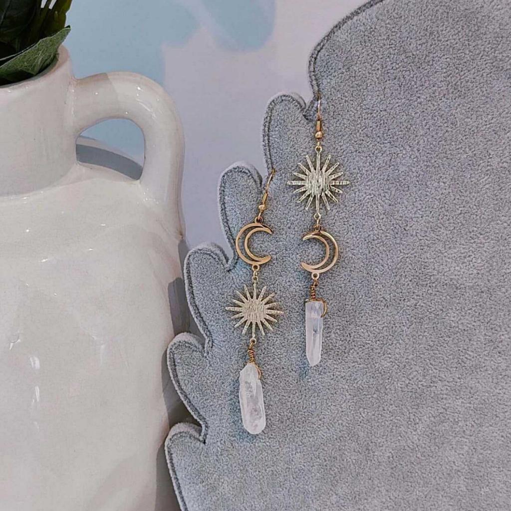 Asymmetrical Earrings, Goddess Jewelry, Crystal Earrings, Sun Moon Dangle, 18k Gold Earrings