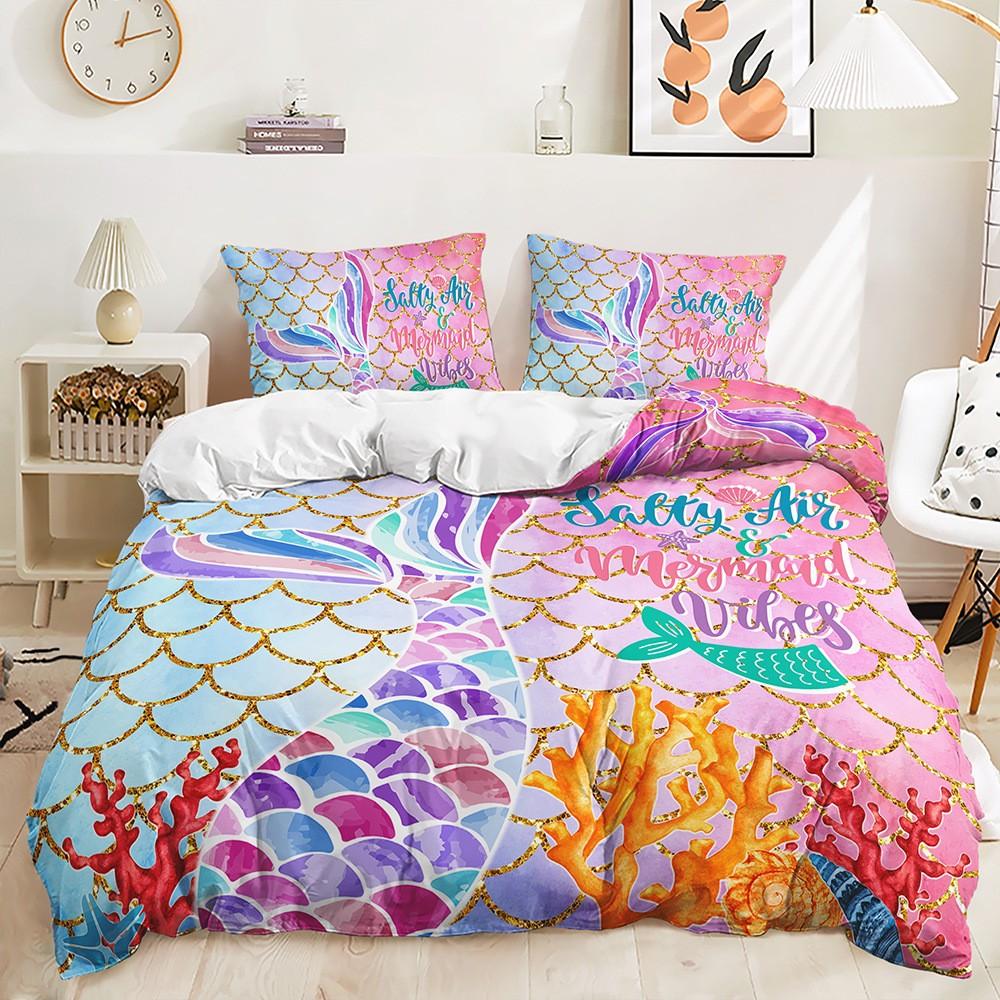 Mermaid Beautiful Rainbow Bedding Set Polyester Duvet Cover Set Single Full Twin Queen Comforter Sets for Girls Women Bed Linen