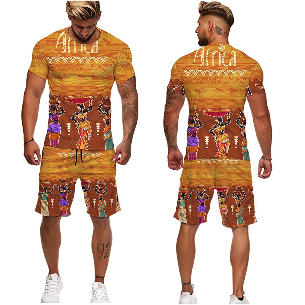YUHA,Short Sleeve Plus Size Men Retro Ethnic Print Tracksuit Couple Dashiki Clothes Summer African Men's T Shirt Shorts Two Piec