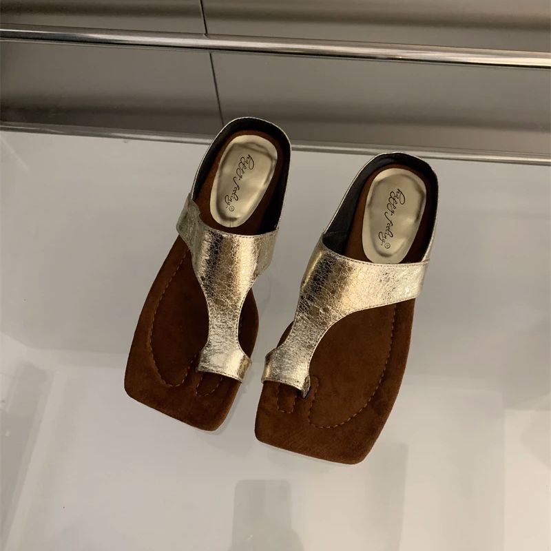 Mode Bailamos Mode Damen Hausschuhe Basic Zehenring Damen Sandalen Sommer Retro Peep Toe Einfarbig Täglich Lässig Flache Sandalen Strand Pantolette