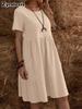 Summer Vintage Loose Pocket Solid Color Crew Neck Chic Women's Cotton Linen Dress
