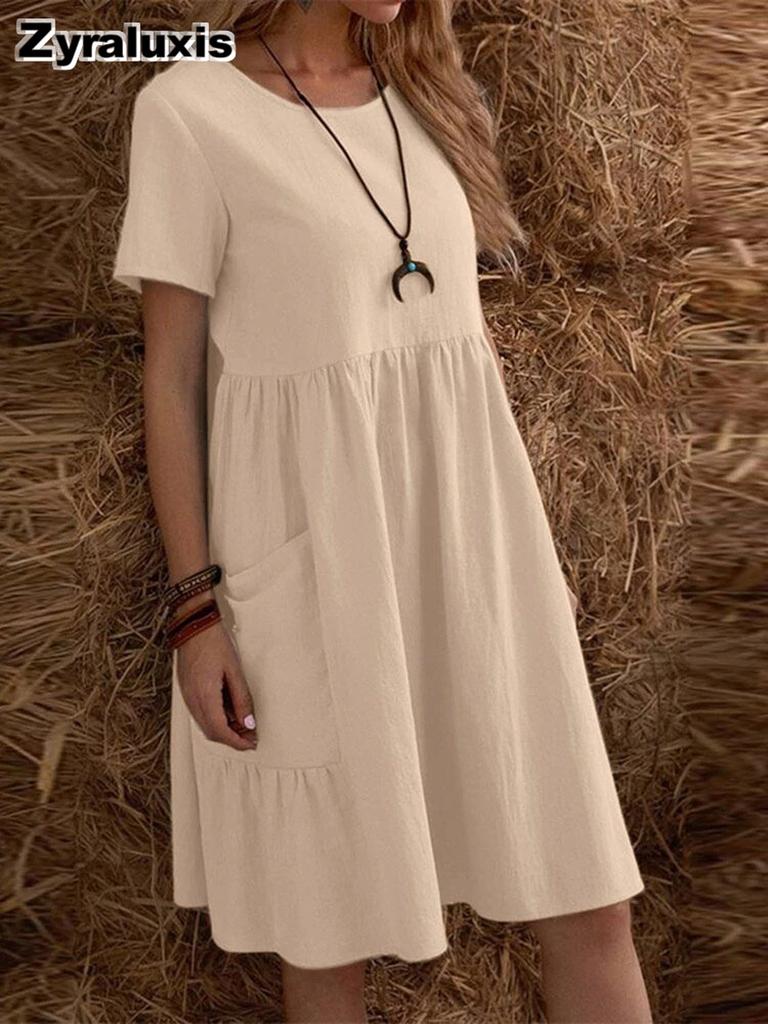 Summer Vintage Loose Pocket Solid Color Crew Neck Chic Women's Cotton Linen Dress