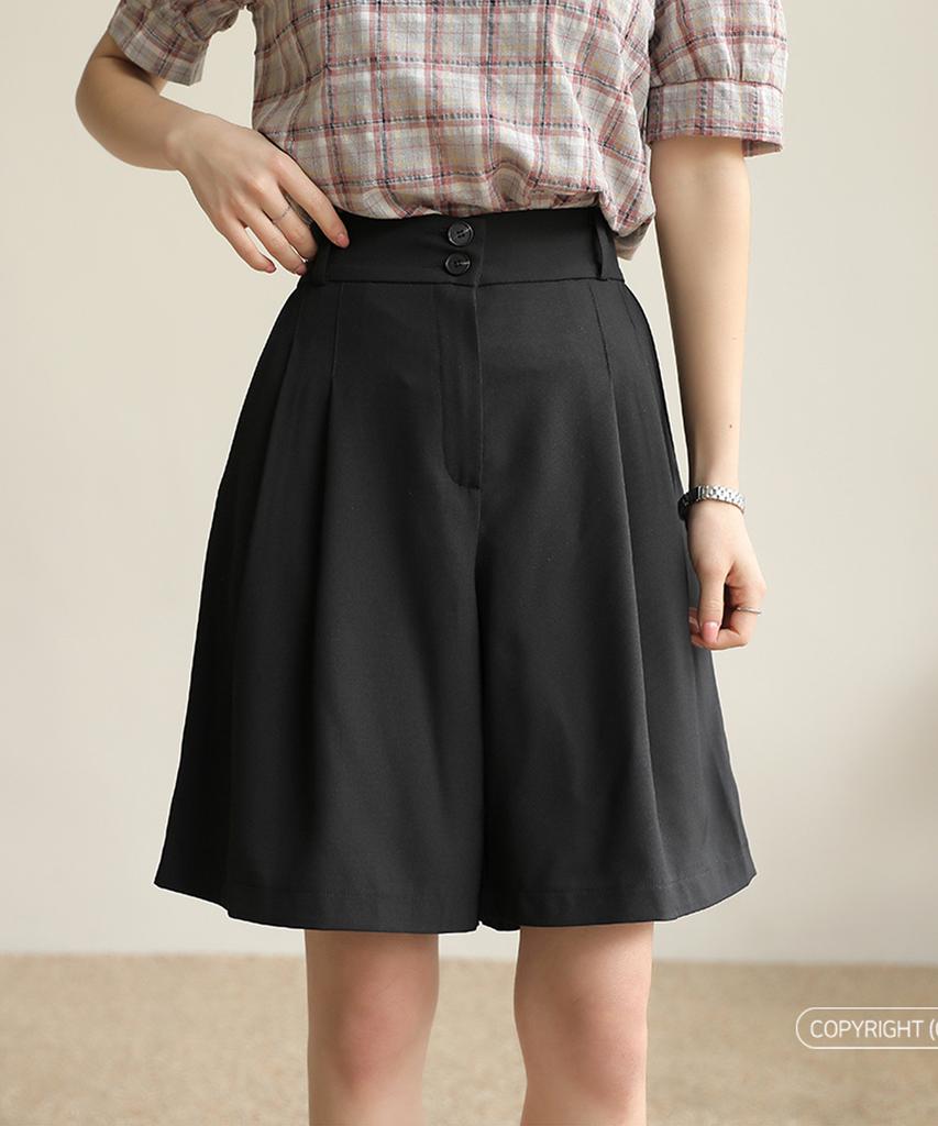 Ppaeppae Back Elastic Two-Pintuck Wide Fit Knee-Length Bermuda Pants