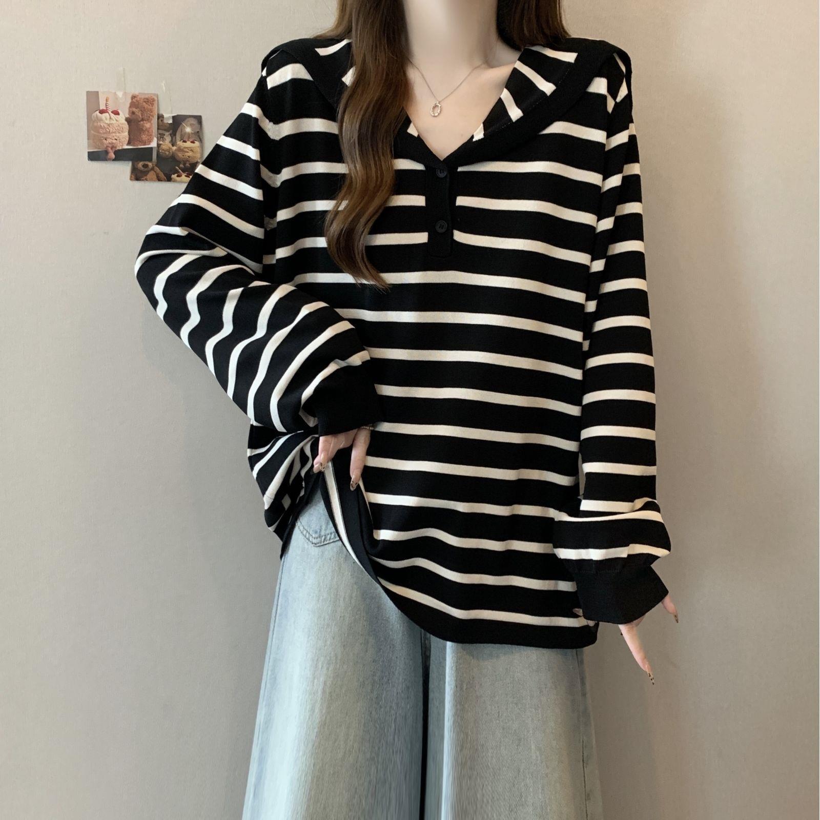 

Plus Size Navy Collar Striped Knit Top - Slimming, Versatile, Autumn/Winter Fashion 4XL [90-100 kg]