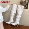 Fashion Fashion Pleated Ladies Modern Boots Slip On Shoes Pointed Toe Women Knee High Boots With Thin Heels Shoes Female Pumps