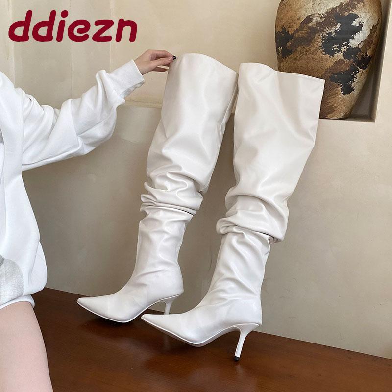 Fashion Fashion Pleated Ladies Modern Boots Slip On Shoes Pointed Toe Women Knee High Boots With Thin Heels Shoes Female Pumps