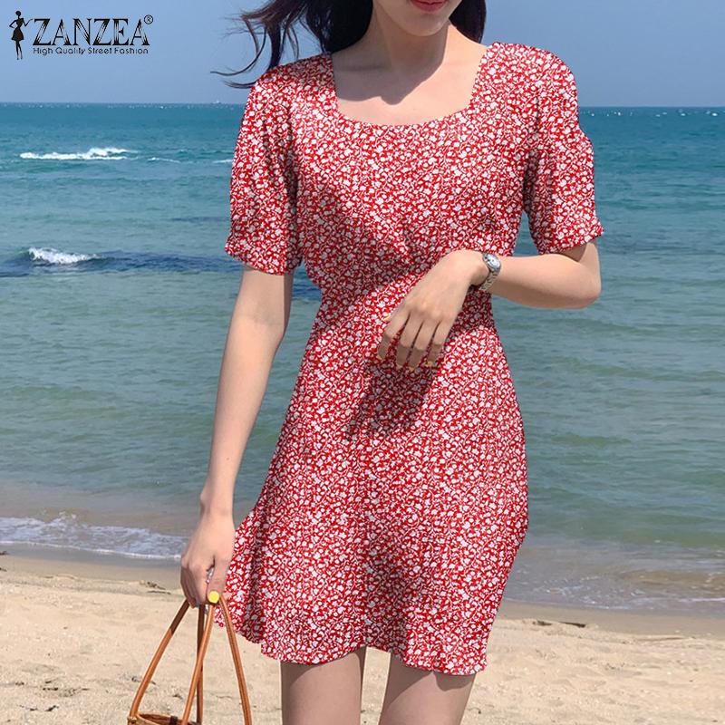 

ZANZEA Женское повседневное летнее пляжное платье с коротким рукавом с квадратным воротником
