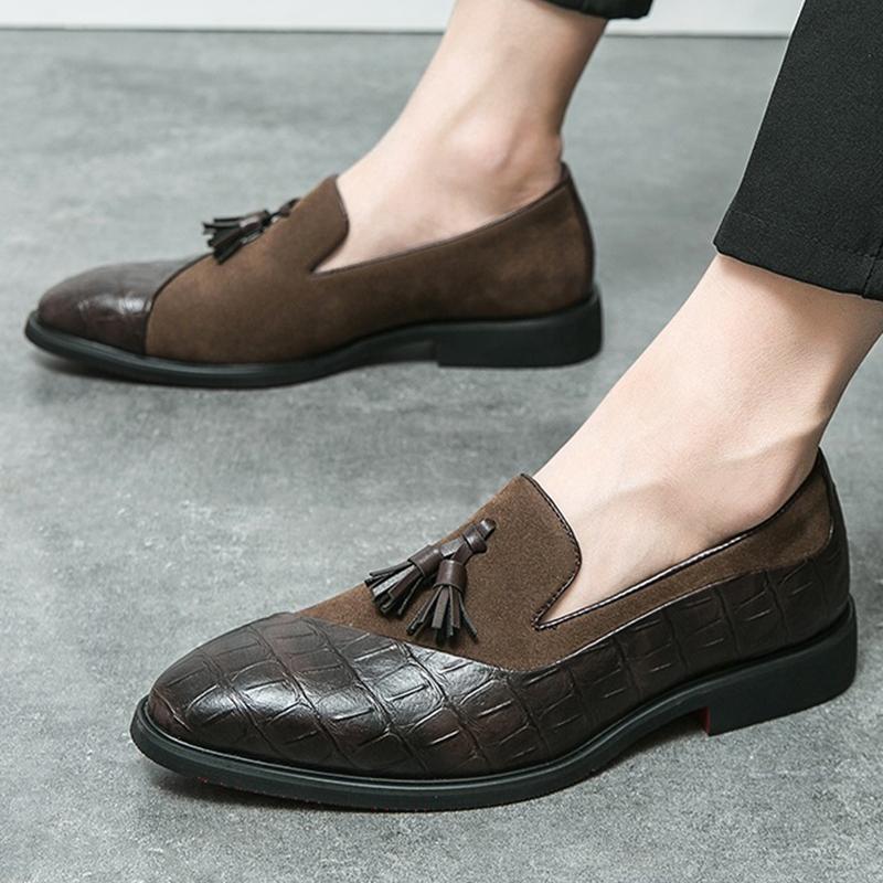 Fashion Britain Retrov New Men Pointed Suede Tassels Patchwork Flats Leather Shoes Casual Loafers Formal Dress Footwear Zapatos Hombre