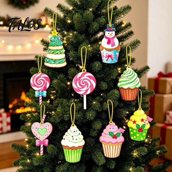 Holiday Hanging Pendants Christmas Wooden Ornament, Lollipop Cupcake Ice Cream Popsicle Cute Snowman Decor Decorations for Xmas Tree, Window,