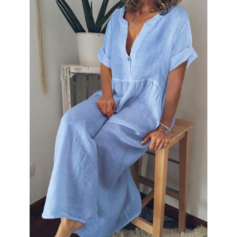 DICFY Women's Fashion Summer Spring Solid Color Print Short Sleeve V-Neck Casual Dresses