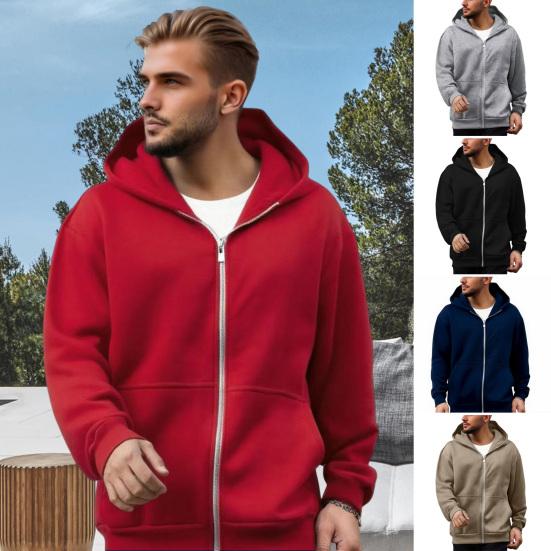 Men Sweatshirt Coat Hooded Long Sleeve Zipper Closure Hoodie Coat with Schoolbag Design Solid Color Loose Fit Outerwear