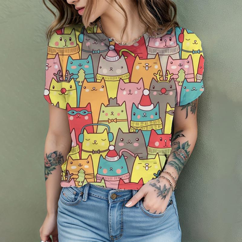 2024 New Fashion Women's T Shirt Cute Cat Printed Short Sleeve Round Neck Fun Pattern T Shirt Summer Home Casual Women's Tops