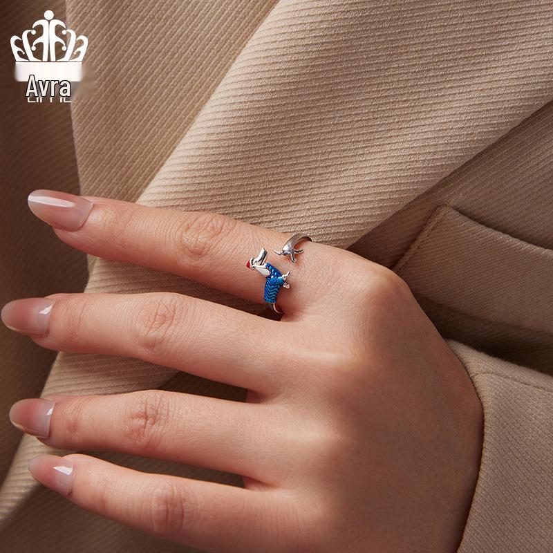 Everle S925 Sterling Silver Dachshund Adjustable Christmas Ring for Women