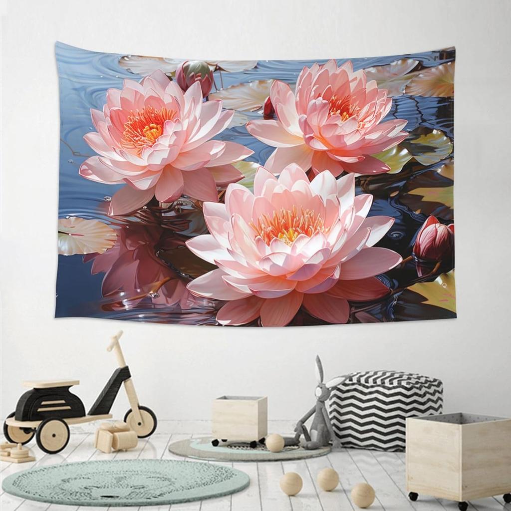 Luxurious Pink Lotus Flower Tapestry Wall Hanging Tropical Floral Art Decor for Modern Living Room Bedroom Home Decoration Print