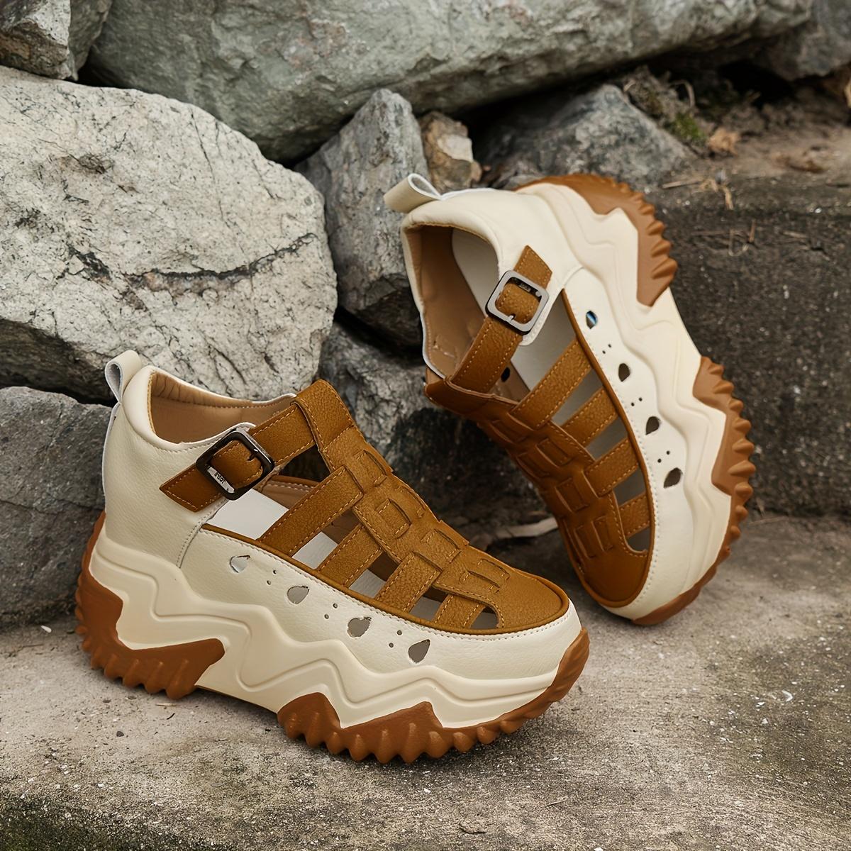 

Удобные, Прочные Женские Босоножки на Платформе с Закрытым Носком и Толстым Амортизирующим Каблуком - Дышащий Дизайн Т-образного Ремня, Регулируемая Застежка на Липучке 40 коричневый