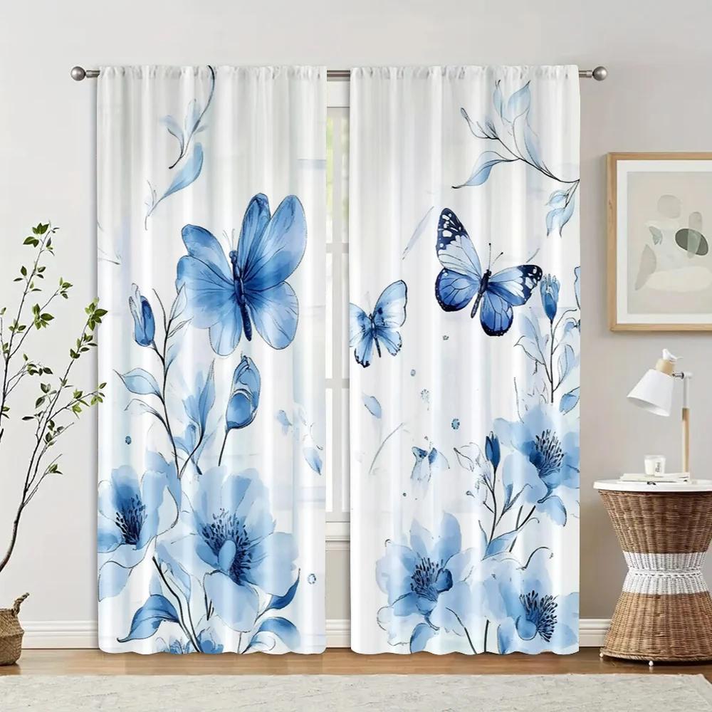 2Pcs, Creative Curtains 2D Print Violet Butterfly Print Versatile 100% Polyester (Without Rod) Thermal Insulation, And Room