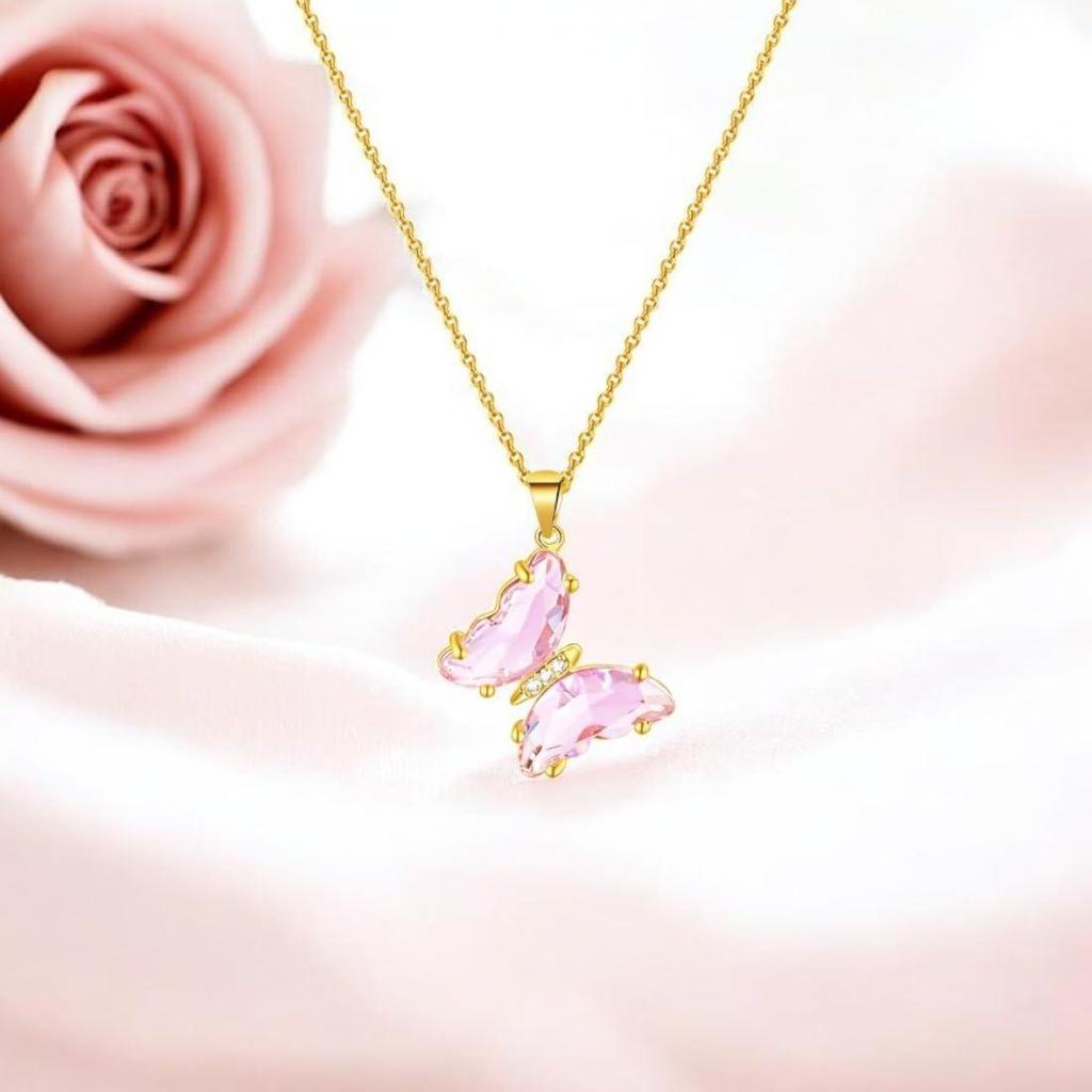Rose Gold Plated Stylish Butterfly Jewellery Necklace Set for Women, Birthday Gift for girls and women
