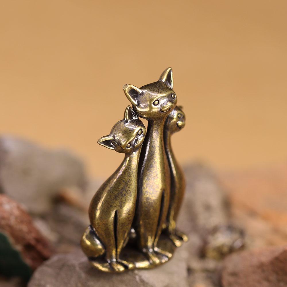 Brass Three Little Kittens Small Statue Retro Animal Cats Miniatures Figurines Desktop Decorations Crafts Home Decors Ornaments