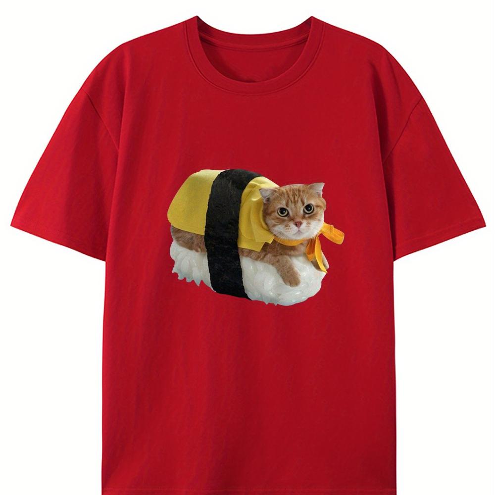 Sushi Cat Creative Design Round Neck TShirt Pure Summer Trendy Short Sleeves Casual Everyday Style Top