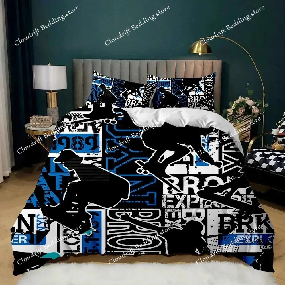 Skateboard Duvet Cover Set Hip Hop Style Bedding Set Colorful Rainbow Tie-Dye Hippie Abstract Graffiti Art Polyester Qulit Cover