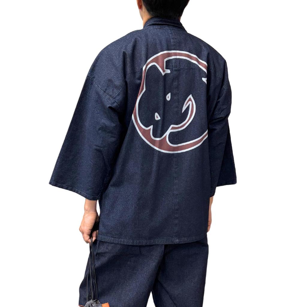Edoten Samue (Work Clothes) - 100% Cotton Denim Fabric, Durable Yet Soft, Patterned, Year-Round, Men's, Firefighter Style, Navy Blue, Size 3L