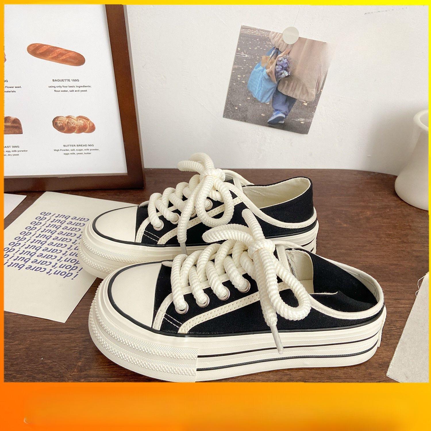 

Молочно-белые двухсторонние парусиновые туфли женские на толстой подошве весна-лето новые полутапочки без застежек белые туфли с надеванием 40 чёрный