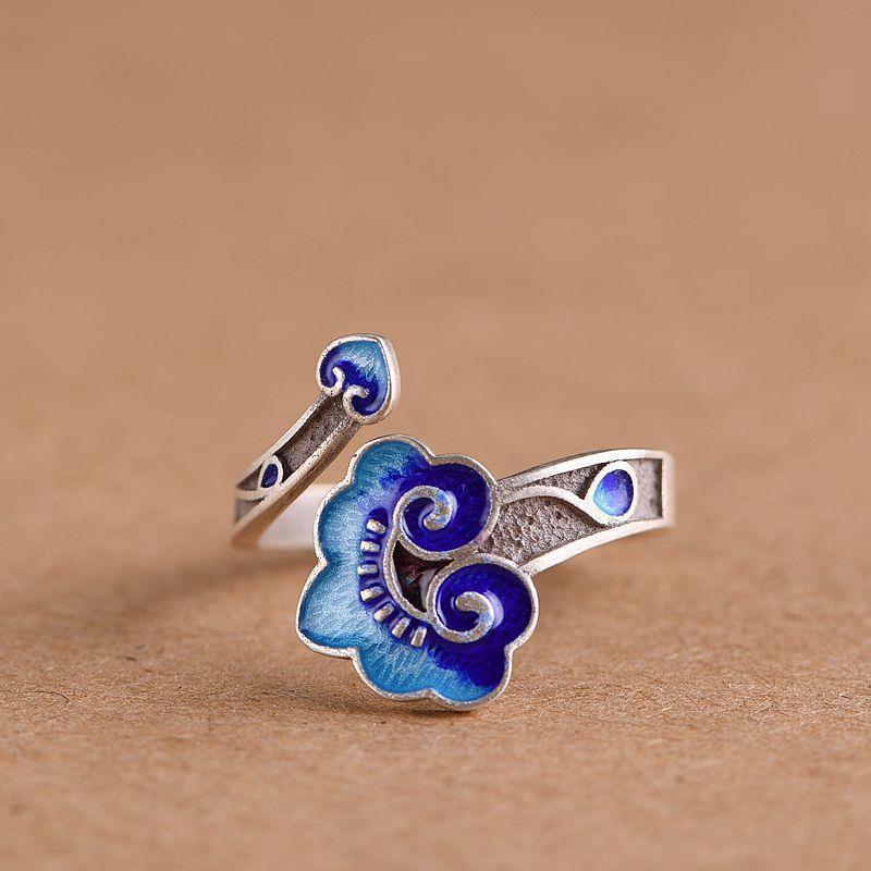 Women's Retro Blue Auspicious Clouds Ruyi Enamel Open Ring