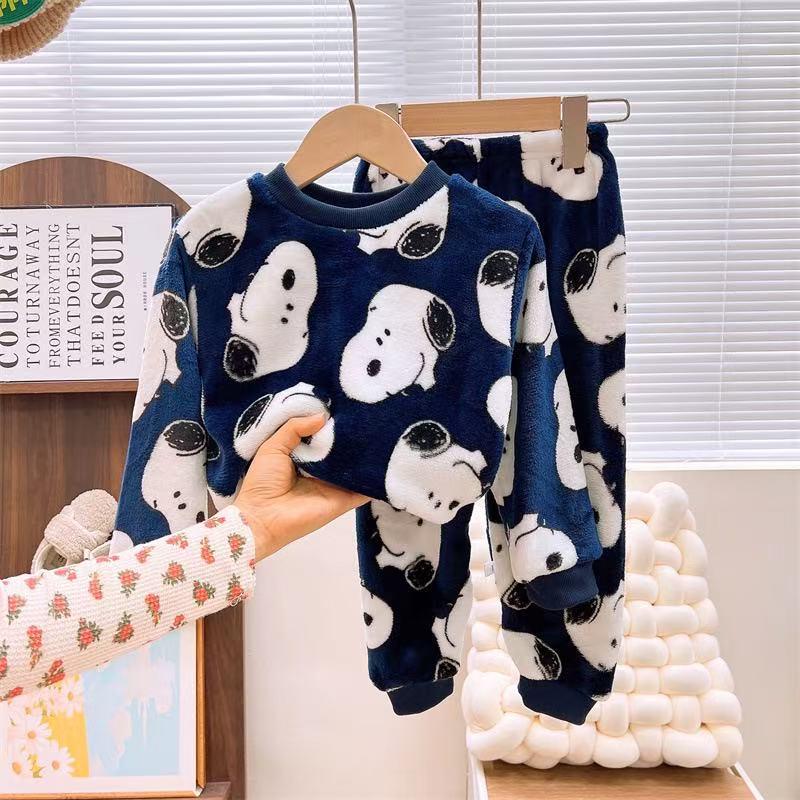 Children's Coral Fleece Flannel Pajamas - Cartoon Round Neck, Thickened Velvet Set for Boys, Girls, Babies