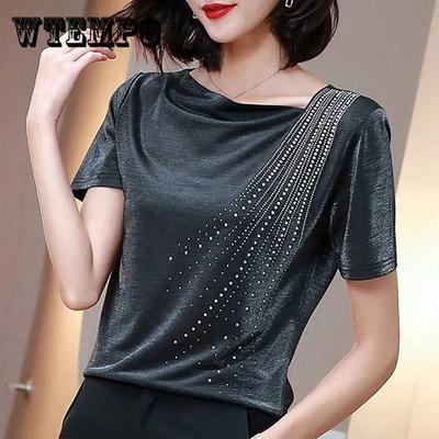 Retro Rhinestone Krótki rękaw T-shirt Najniższa Koszula dla Kobiet Wokół Szyi Cały Mecz Swing Collar Top Casual Luźne Swetry Kobiety Letnia Odzież