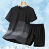 2Pcs/Set Men Summer Outfit O-neck Short Sleeve Printing T-shirt Elastic Drawstring Waist Shorts Set Loose Fit Quick Drying Sportswear