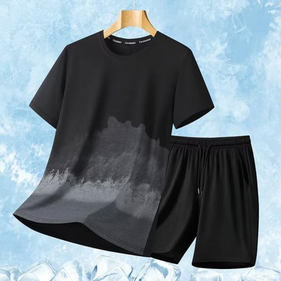 2Pcs/Set Men Summer Outfit O-neck Short Sleeve Printing T-shirt Elastic Drawstring Waist Shorts Set Loose Fit Quick Drying Sportswear