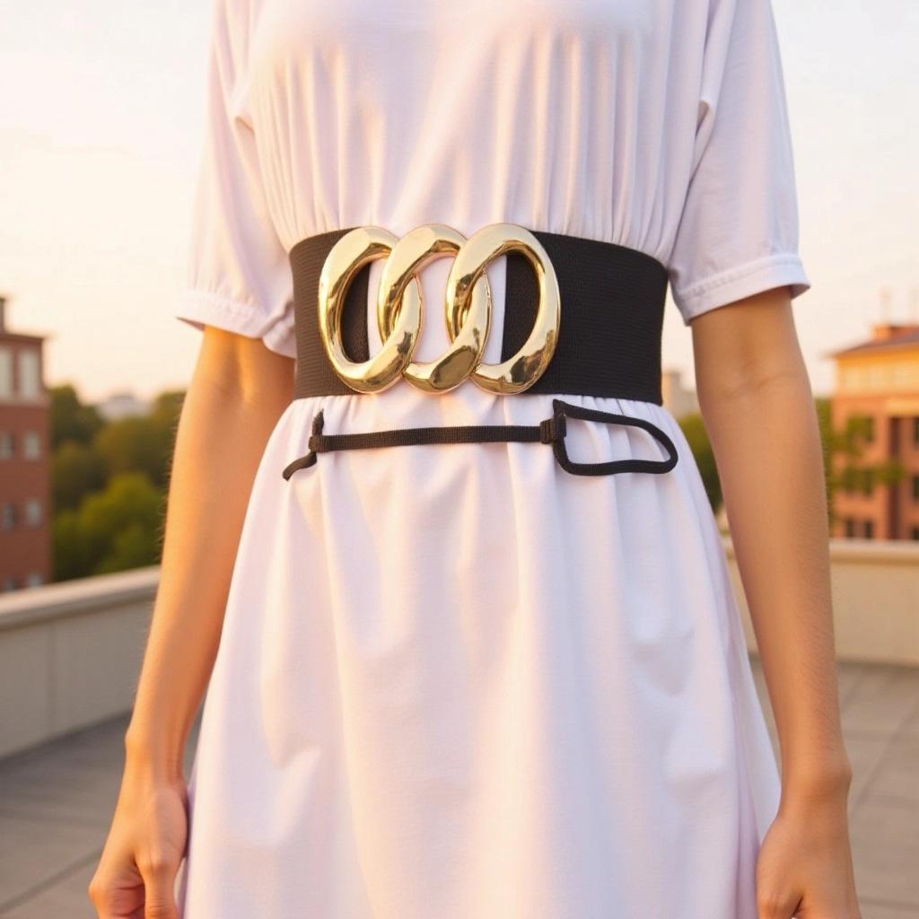 Women's Elastic Metal Chain Waist Cincher Belt - Slimming Stretch with Leather Accents, Black Canvas.