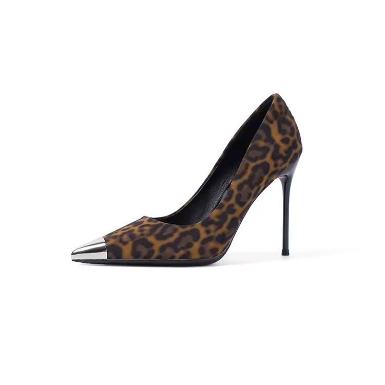 Metal iron head leopard print fine heel pointed high heels women's spring 2025 new niche design shallow mouth single shoes