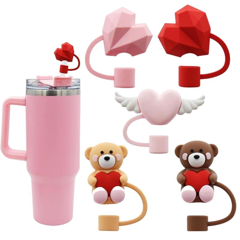 5Pcs Silicones Straw Cover Caps Bear Heart DustProof Drinkings Straw Caps Reusables Straw Tip Lid for Tumbler Cups
