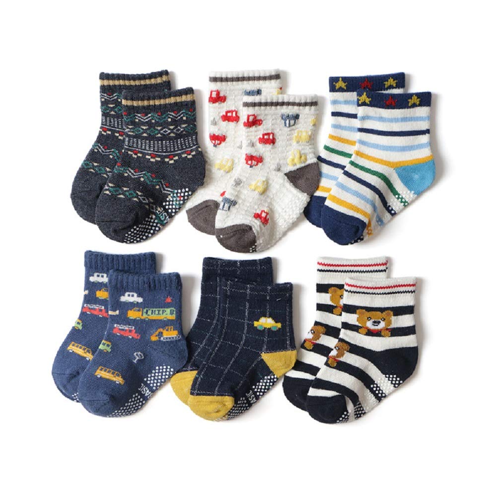 (Ayfoone) 12-Pair Set Baby Socks for Boys, Short Socks with Non-Slip Grips, Crew Length, Vehicle Design (16-18cm)