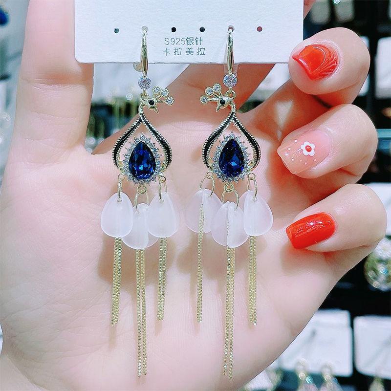 Internet Celebrity Explosion New Phoenix Crystal Petal Earrings Long Tassel Thin Face Earrings