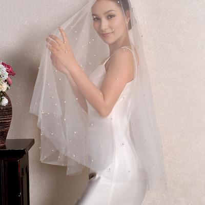 Luxurious Double Layer Bridal Veils Airy Sheer Hair Accessory For Wedding Pearls Adorned Headpiece Classical Design