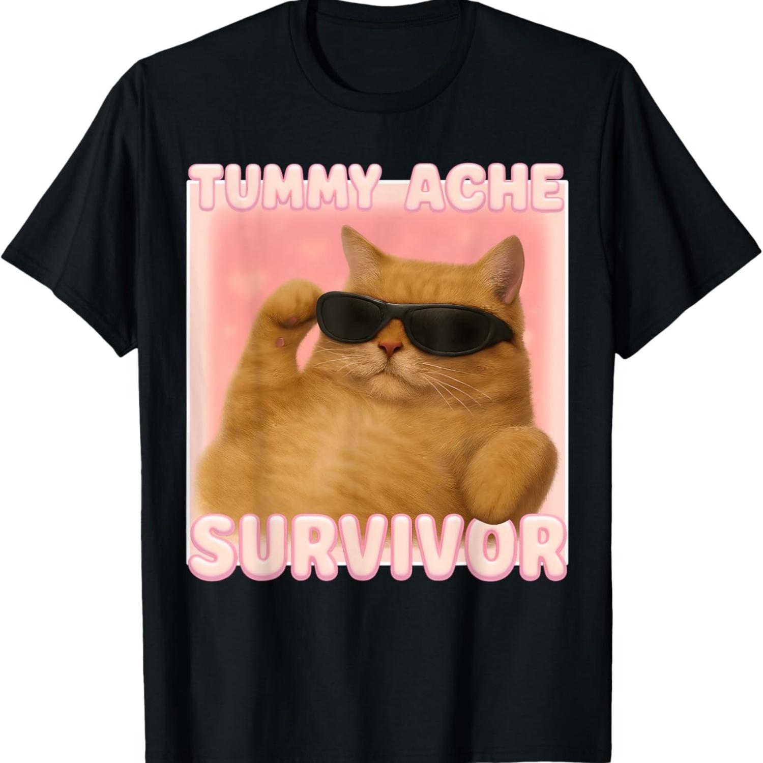 

Cat Meme Tee Tummy Ache Survivor Ironic Internet Cats Jokes T-Shirt S чёрный