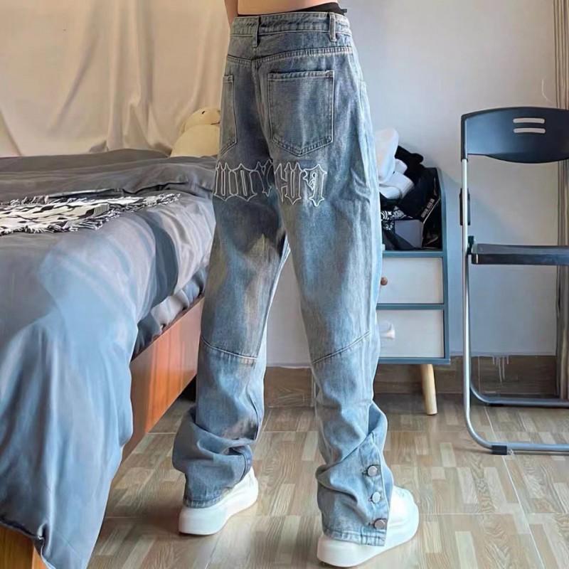 Mens Loose Fit Blue Denim Jeans Embroidery Button Fly Hip Hop Streetwear Casual Pants