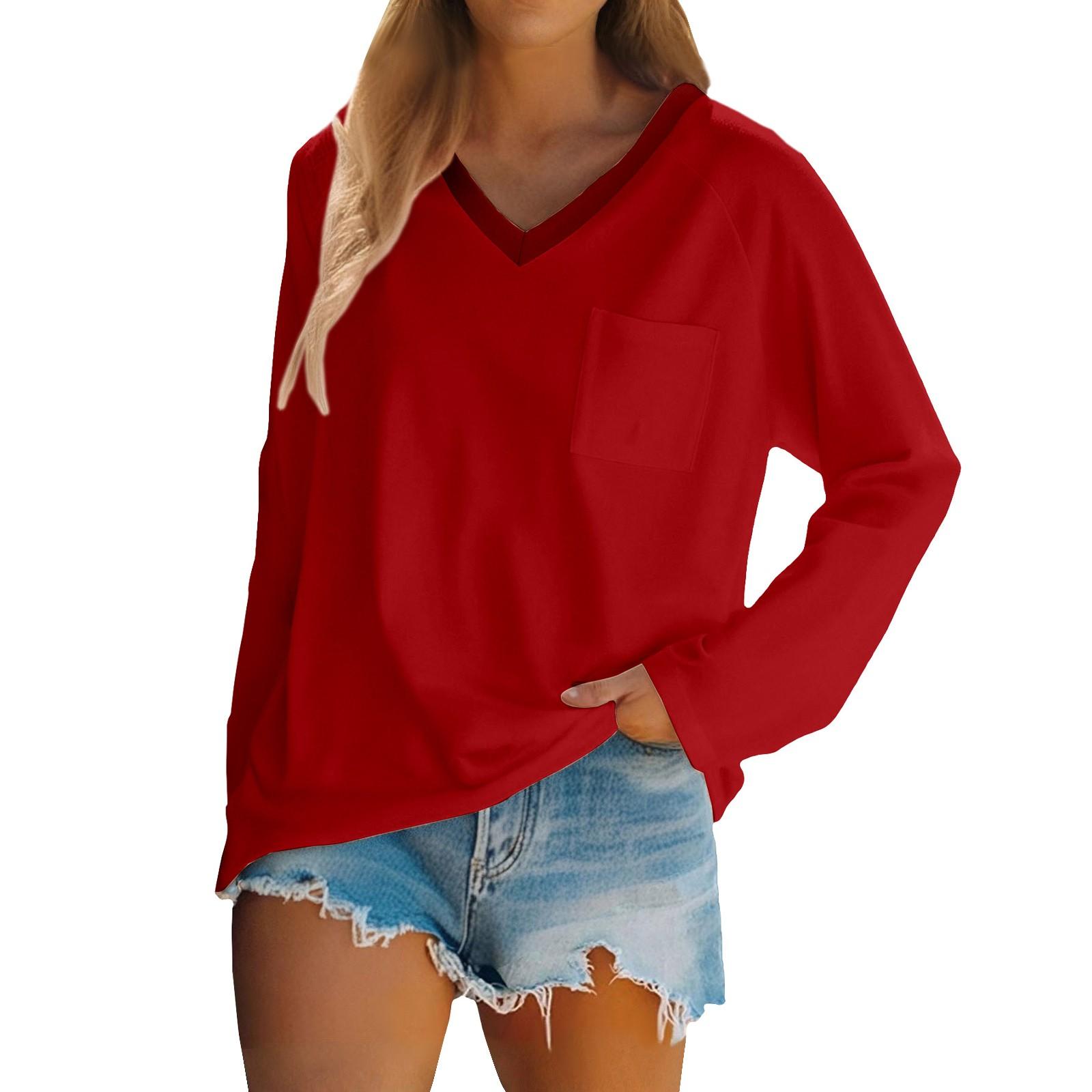

Жіноча футболка реглан з довгим рукавом, V-подібним вирізом, поєднана однотонна повсякденна кофта, пуловер, V-подібний виріз, кишеня, базова сорочка L червоний