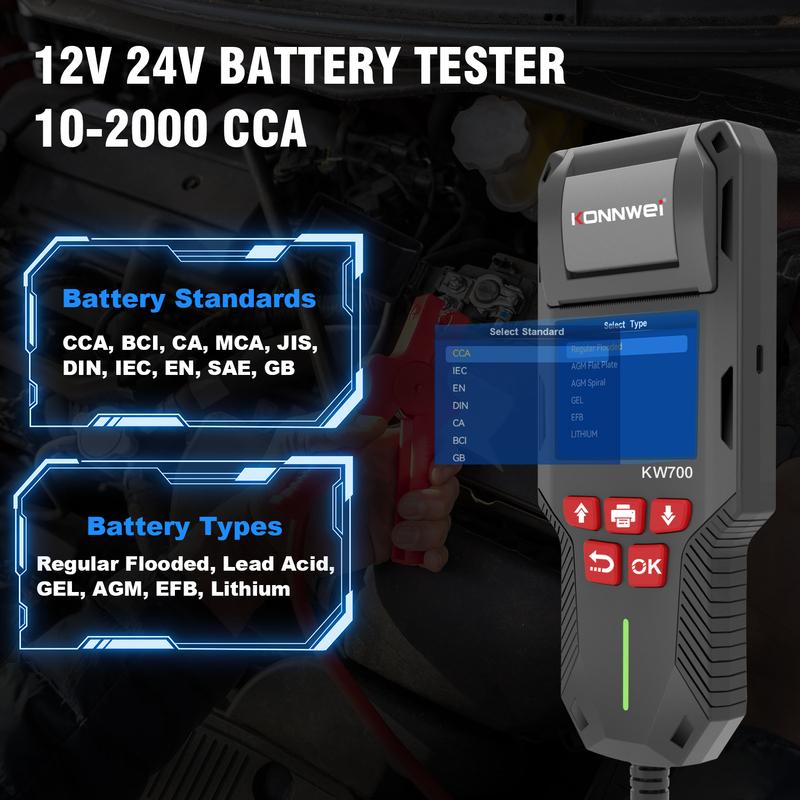 KONNWEI KW700 12V 24V Car & Truck Battery Tester with Print function Battery Analyzer Cranking Test Charging Test 10-2000CCA